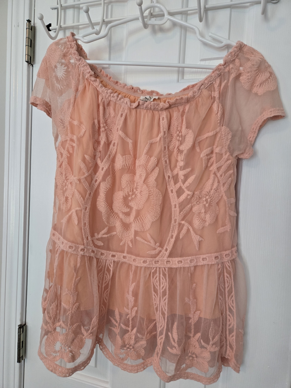 entro Light Pink Embroidered Sheer Peplum Floral Lace Blouse Size M